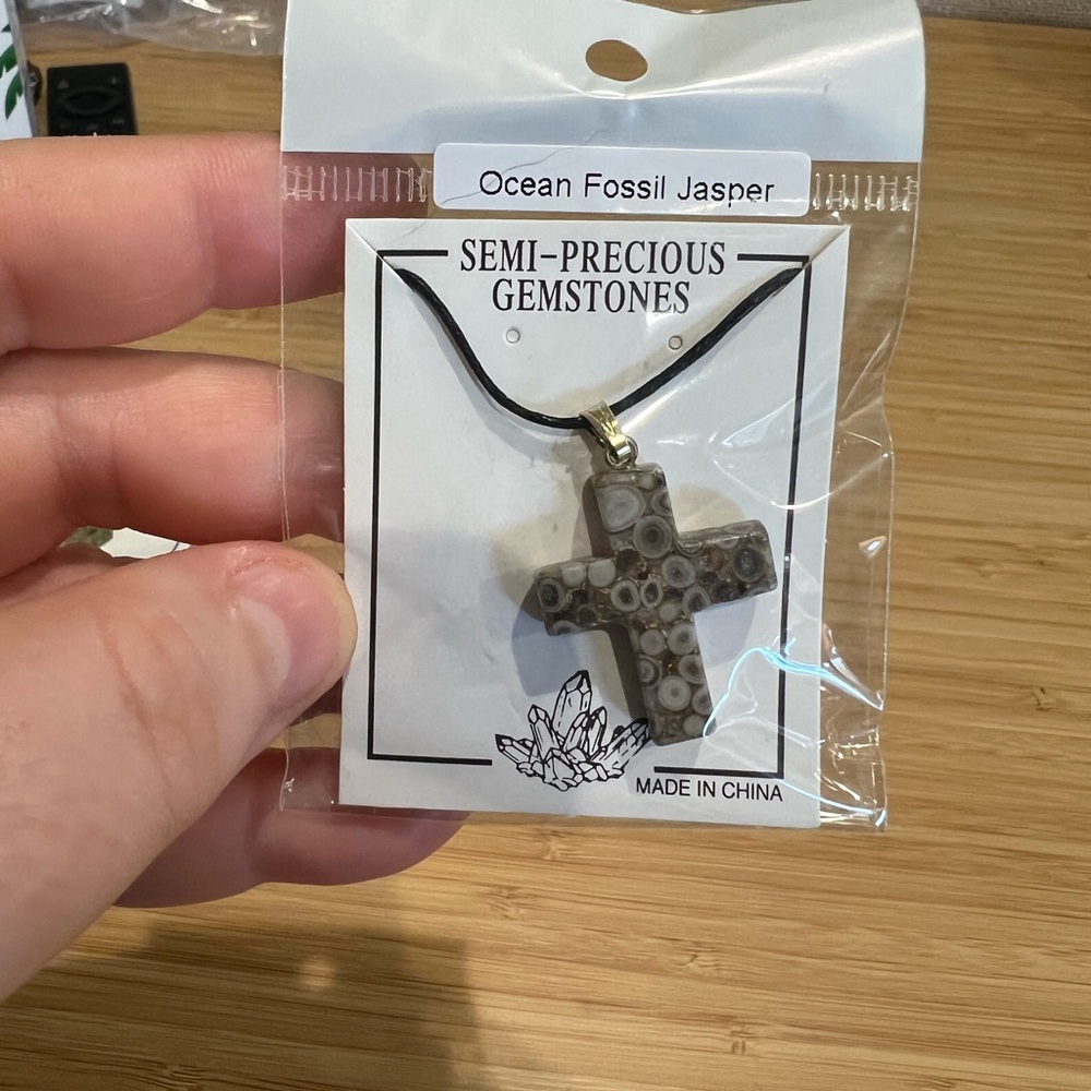 Ocean Fossil Jasper Cross Necklace – Semi-Precious Gemstone